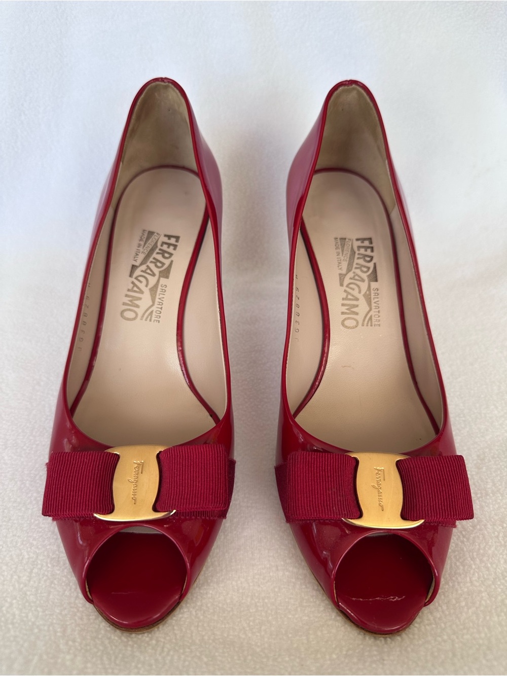 Salvatore Ferragamo Red Patent Peep-Toe Pumps with Vara Bow